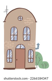 House clip art. Home facade with doors, windows, trees. Lovely residential building. Modern flat vector illustration isolated on white.