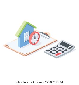 House clock, contract document, calculator, stroke illustration. Vector 3d line isometric, color web icons, new flat style. Creative design idea for infographics.