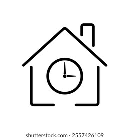 House and clock icon in minimalistic style. Short-term rent. Lease term, home rental, temporary housing. Planned home renovation projects. Construction or mortgage payment due dates.