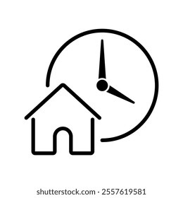 House and clock icon in minimalistic style. Short-term rent. Lease term, home rental, temporary housing. Planned home renovation projects. Construction or mortgage payment due dates.