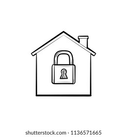 House with closed lock hand drawn outline doodle icon. Home protection with locked padlock symbol, security. Vector sketch illustration for print, web, mobile and infographics on white background.