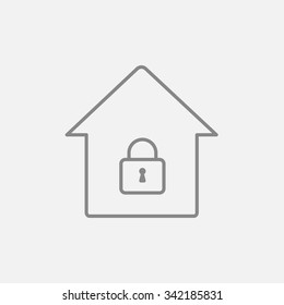 Casa con un icono de línea de bloqueo cerrado para web, móviles e infografías. Icono vector de gris oscuro aislado en fondo gris claro.