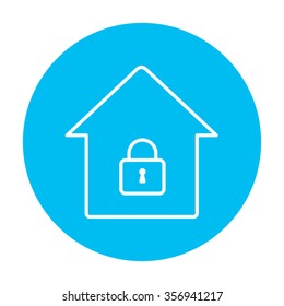 House with a closed lock line icon for web, mobile and infographics. Vector white icon on the light blue circle isolated on white background.