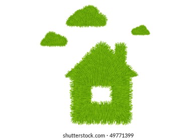 House and clouds from grass isolated on white