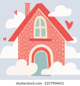 Casa en las nubes, decoraciones del corazón, Casa roja flotante con nubes blancas sobre fondo azul claro, ilustración vectorial