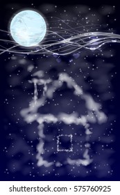 House of clouds with moon. illustration. against the sky. used for printing, website, smart phone, tablet computer, decoration, design etc