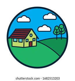 house clouds and tree line and fill style icon design, Landscape nature earth eco ecology conservation bio environment and outdoor theme Vector illustration