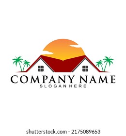 House With Coconut Tree And Sunset Vector Logo