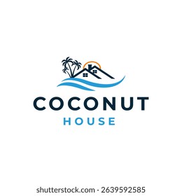 House with coconut tree and sunset vector logo