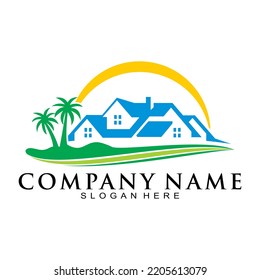 House And Coconut Tree Vector Logo