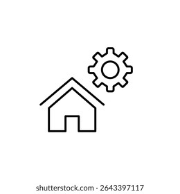 Casa e roda dentada. Controle doméstico inteligente, configurações automatizadas de ambiente, gerenciamento inteligente de tecnologia, otimização de sistema doméstico, configuração de dispositivo remoto. Vetor de traçado editável e perfeito em pixels 