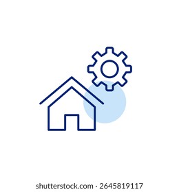 Casa e roda dentada. Controle doméstico inteligente, configurações automatizadas de ambiente, gerenciamento inteligente de tecnologia, otimização de sistema doméstico, configuração de dispositivo remoto. Vetor de traçado editável e perfeito em pixels 