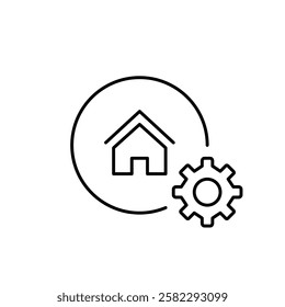 House and cogwheel. Smart home, maintenance and repairs. Pixel perfect vector icon