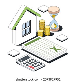 Haus, Münzen und Stundenglas, exzellenter Tisch, Taschenrechner. Vektorgrafik 3D-Skizze isometrischer Stil, farbige Icon-Illustration. Kreative Design-Idee und Infografik-Elemente.