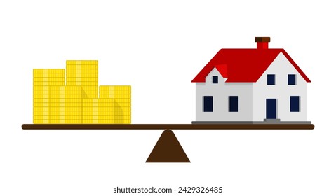 La casa y las monedas se colocan en una escala con un saldo, ahorrando en la compra de una nueva casa o bienes raíces