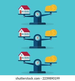 House, coins, weight scales. Investment in real estate. Vector illustration