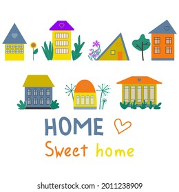 House collection. Country and city abstract buildings. Set of cottages with plants, village landscape, houses on white background. Flat vector illustration isolated on white, cartoon style