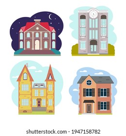 House collection. Modern suburban cottage. Townhouse building apartment. Hotel logo icon set. Townhouse neighborhood. Real estate. Home facade. Home residential houses. Vector illustration.
