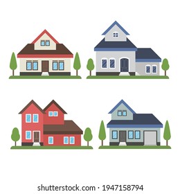 House collection. Modern suburban cottage. Townhouse building apartment. Hotel logo icon set. Townhouse neighborhood. Real estate. Home facade. Home residential houses. Vector illustration.
