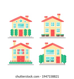 House collection. Modern suburban cottage. Townhouse building apartment. Hotel logo icon set. Townhouse neighborhood. Real estate. Home facade. Home residential houses. Vector illustration.
