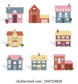 House collection. Modern suburban cottage. Townhouse building apartment. Hotel logo icon set. Townhouse neighborhood. Real estate. Home facade. Home residential houses. Vector illustration.
