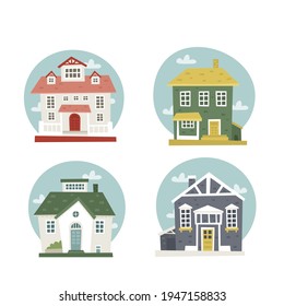 House collection. Modern suburban cottage. Townhouse building apartment. Hotel logo icon set. Townhouse neighborhood. Real estate. Home facade. Home residential houses. Vector illustration.
