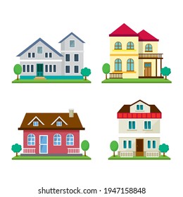 House collection. Modern suburban cottage. Townhouse building apartment. Hotel logo icon set. Townhouse neighborhood. Real estate. Home facade. Home residential houses. Vector illustration.
