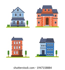 House collection. Modern suburban cottage. Townhouse building apartment. Hotel logo icon set. Townhouse neighborhood. Real estate. Home facade. Home residential houses. Vector illustration.
