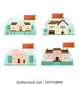House collection. Modern suburban cottage. Townhouse building apartment. Hotel logo icon set. Townhouse neighborhood. Real estate. Home facade. Home residential houses. Vector illustration.
