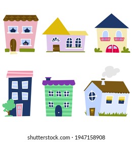 House collection. Modern suburban cottage. Townhouse building apartment. Hotel logo icon set. Townhouse neighborhood. Real estate. Home facade. Home residential houses. Vector illustration.
