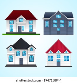 House collection. Modern suburban cottage. Townhouse building apartment. Hotel logo icon set. Townhouse neighborhood. Real estate. Home facade. Home residential houses. Vector illustration.
