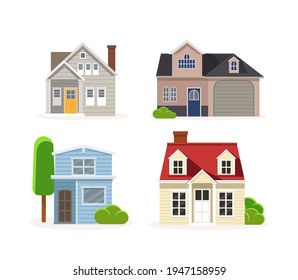 House collection. Modern suburban cottage. Townhouse building apartment. Hotel logo icon set. Townhouse neighborhood. Real estate. Home facade. Home residential houses. Vector illustration.
