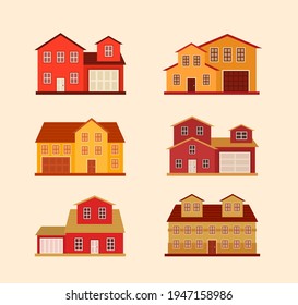 House collection. Modern suburban cottage. Townhouse building apartment. Hotel logo icon set. Townhouse neighborhood. Real estate. Home facade. Home residential houses. Vector illustration.
