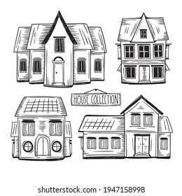 House collection. Modern suburban cottage. Townhouse building apartment. Hotel logo icon set. Townhouse neighborhood. Real estate. Home facade. Home residential houses. Vector illustration.
