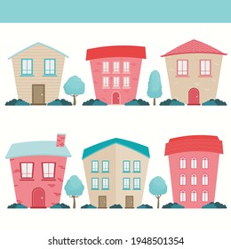 House collection. Modern suburban cottage. Townhouse building apartment. Hotel logo icon set. Townhouse neighborhood. Real estate. Home facade. Home residential houses. Vector illustration.