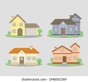 House collection. Modern suburban cottage. Townhouse building apartment. Hotel logo icon set. Townhouse neighborhood. Real estate. Home facade. Home residential houses. Vector illustration.