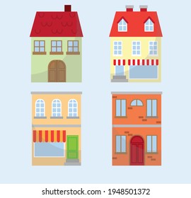 House collection. Modern suburban cottage. Townhouse building apartment. Hotel logo icon set. Townhouse neighborhood. Real estate. Home facade. Home residential houses. Vector illustration.