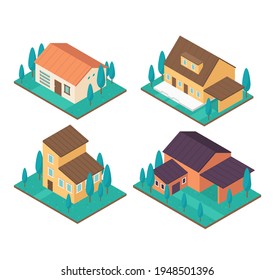 House collection. Modern suburban cottage. Townhouse building apartment. Hotel logo icon set. Townhouse neighborhood. Real estate. Home facade. Home residential houses. Vector illustration.