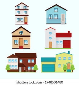 House collection. Modern suburban cottage. Townhouse building apartment. Hotel logo icon set. Townhouse neighborhood. Real estate. Home facade. Home residential houses. Vector illustration.