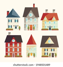House collection. Modern suburban cottage. Townhouse building apartment. logo icon set. Townhouse neighborhood. Real estate. Home facade. Home residential houses. Vector illustration.