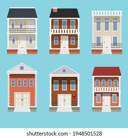 House collection. Modern suburban cottage. Townhouse building apartment. logo icon set. Townhouse neighborhood. Real estate. Home facade. Home residential houses. Vector illustration.