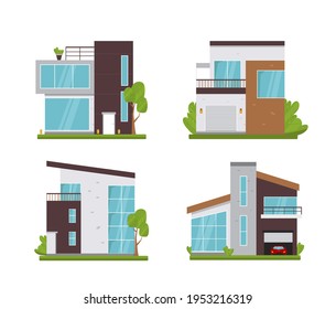 House collection. Modern suburban cottage. Townhouse building apartment. logo icon set. Townhouse neighborhood. Real estate. Home facade. Home residential houses. Vector illustration.