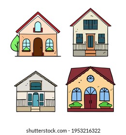 House collection. Modern suburban cottage. Townhouse building apartment. logo icon set. Townhouse neighborhood. Real estate. Home facade. Home residential houses. Vector illustration.