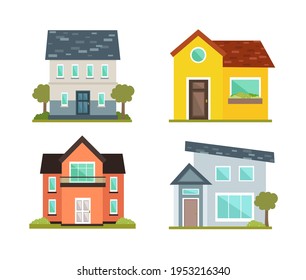 House collection. Modern suburban cottage. Townhouse building apartment. logo icon set. Townhouse neighborhood. Real estate. Home facade. Home residential houses. Vector illustration.