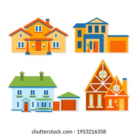House collection. Modern suburban cottage. Townhouse building apartment. logo icon set. Townhouse neighborhood. Real estate. Home facade. Home residential houses. Vector illustration.