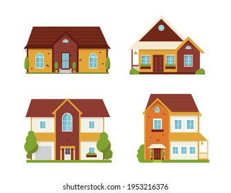 House collection. Modern suburban cottage. Townhouse building apartment. logo icon set. Townhouse neighborhood. Real estate. Home facade. Home residential houses. Vector illustration.