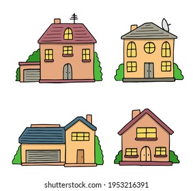 House collection. Modern suburban cottage. Townhouse building apartment. logo icon set. Townhouse neighborhood. Real estate. Home facade. Home residential houses. Vector illustration.
