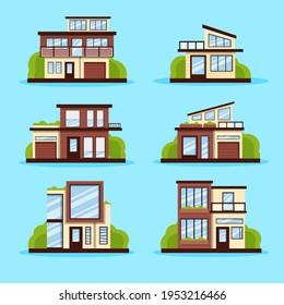 House collection. Modern suburban cottage. Townhouse building apartment. logo icon set. Townhouse neighborhood. Real estate. Home facade. Home residential houses. Vector illustration.