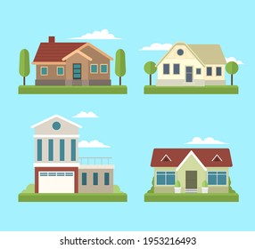 House collection. Modern suburban cottage. Townhouse building apartment. logo icon set. Townhouse neighborhood. Real estate. Home facade. Home residential houses. Vector illustration.