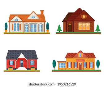 House collection. Modern suburban cottage. Townhouse building apartment. logo icon set. Townhouse neighborhood. Real estate. Home facade. Home residential houses. Vector illustration.